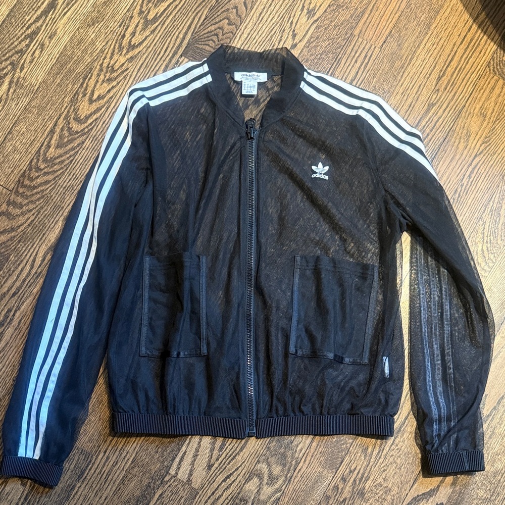 Adidas Black Mesh Bomber Jacket with White Stripes